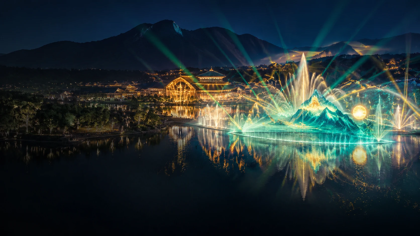 山水文旅夜游数字水幕与激光演艺